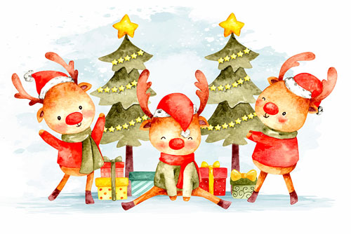 وکتور کارت پستال آبرنگی تبریک کریسمس به همراه گوزن های بامزه و کارتونی ویژه تبریک کریسمس 2022 کد 2